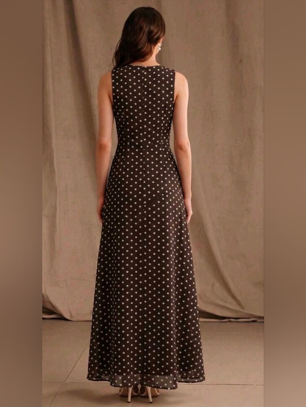 New Flowy Chiffon Polka Dot Halter Ruched Maxi Dress Brown White - Picture 4 of 13